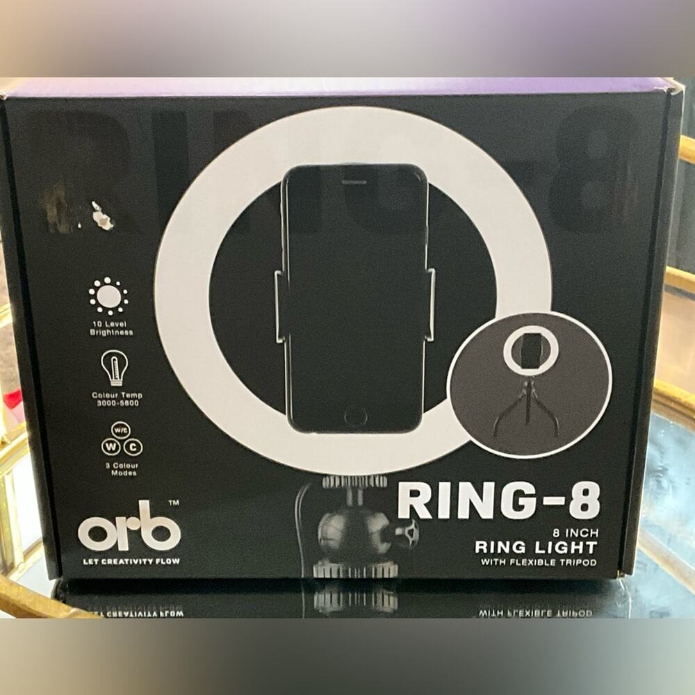 Orb Ring-8 LED Ring Light 8" Tripod Phone Holder NIB TikTok Selfie Vlog Zoom